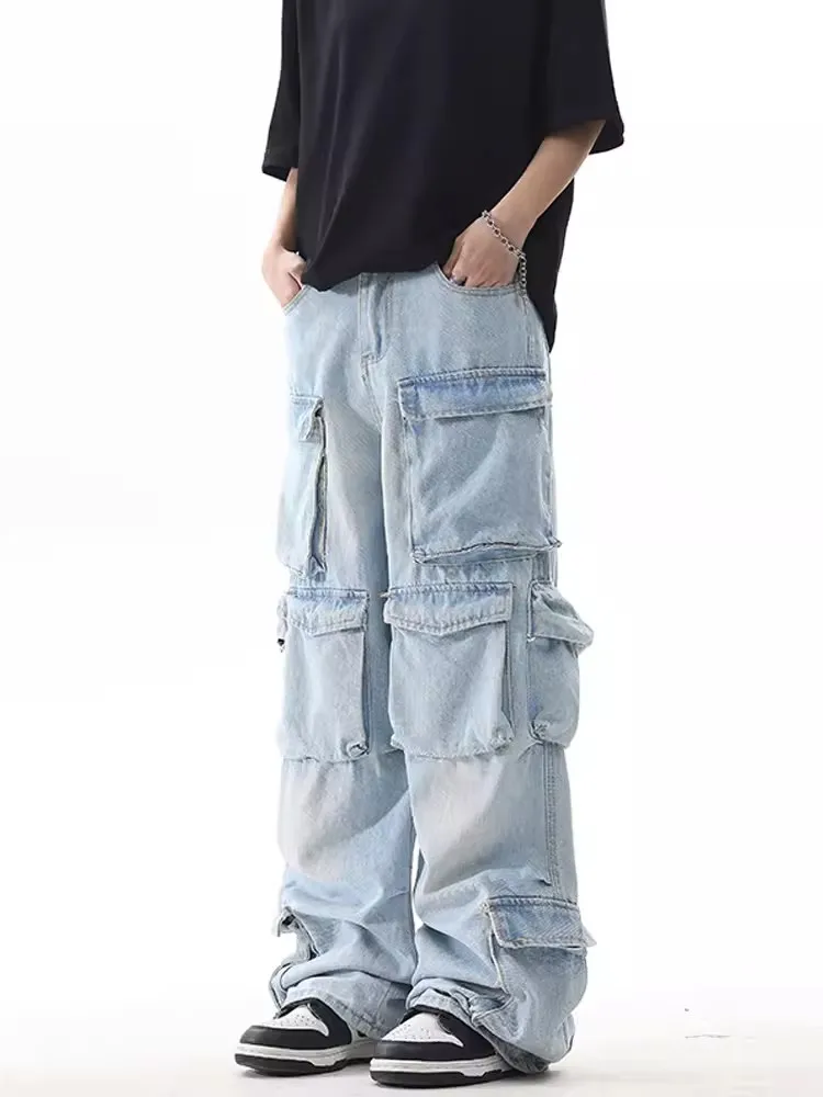 Niebieskie kilka kieszeni jeansy męskie w trudnej sytuacji damskie spodnie Streetwear dla mężczyzn