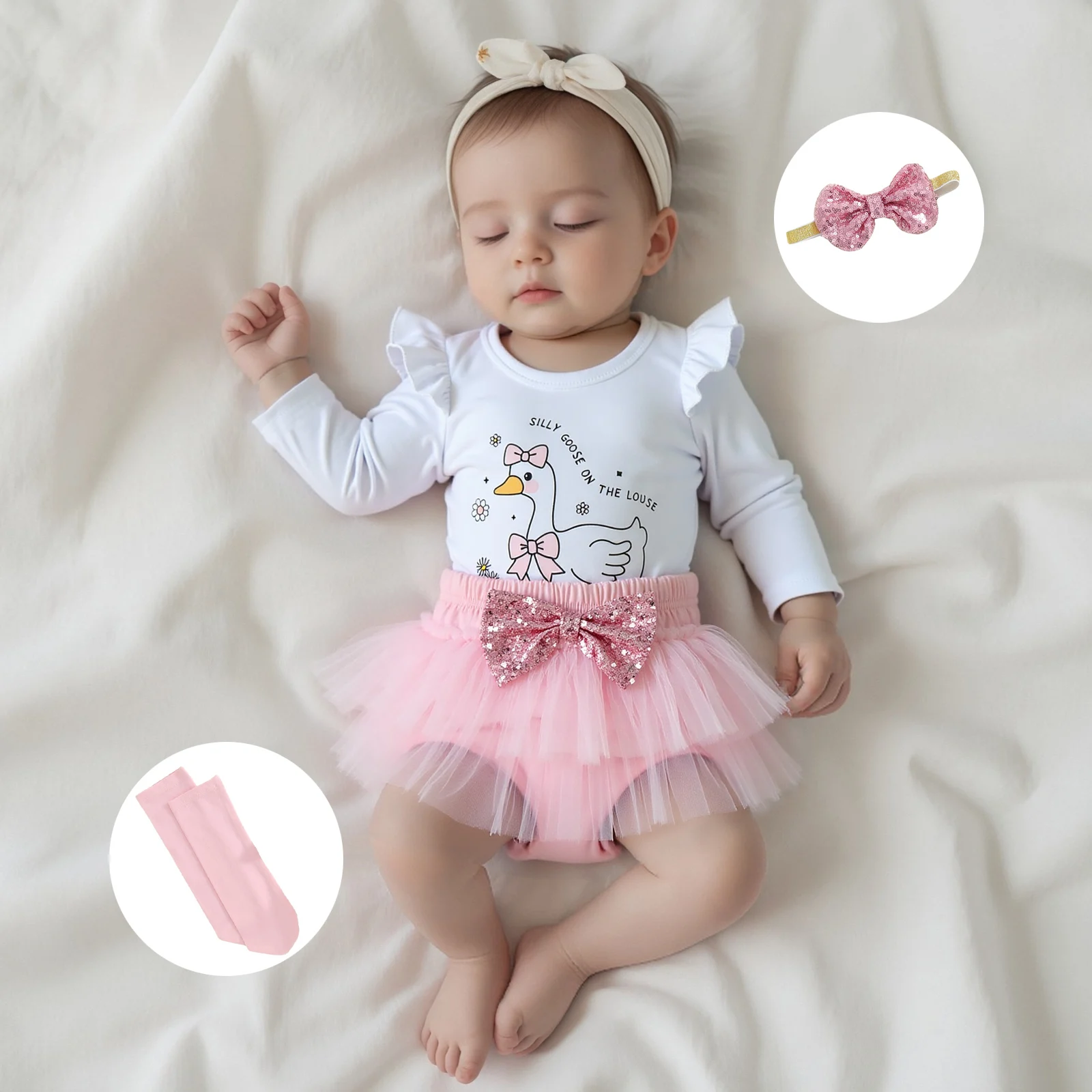 

Комплекты одежды для маленьких девочек: комбинезон с длинными рукавами и принтом утки, тюлевая юбка, повязка на голову и чулки, наряд из 4 предметов