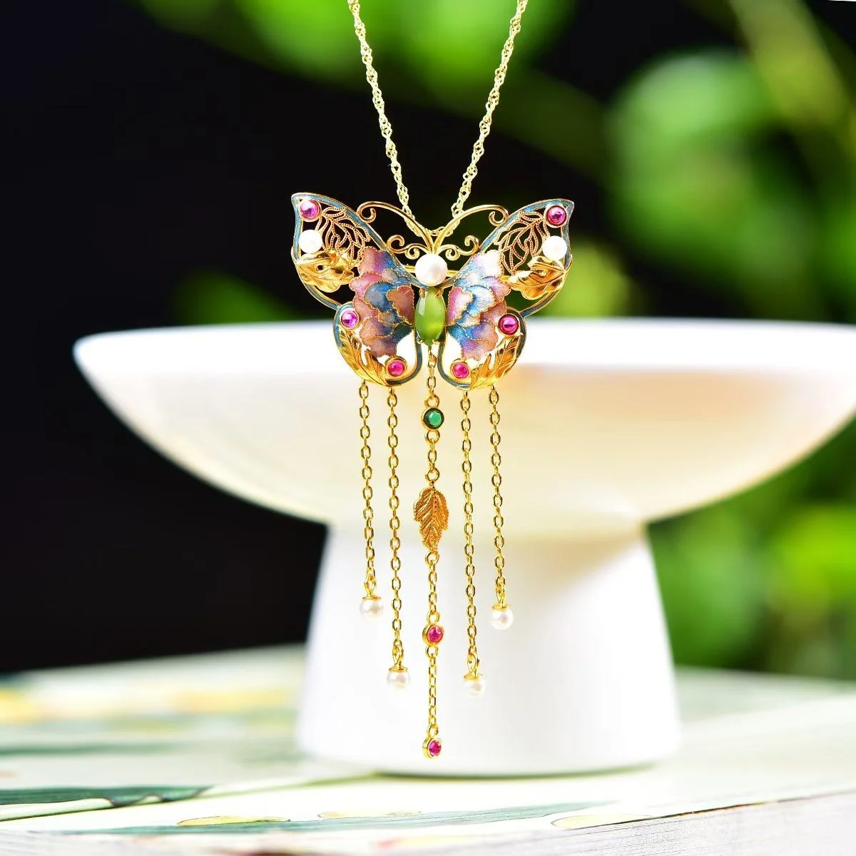 Certificated 925 Silver Natural Hetian Jade Butterfly Pendant Brooch With Pearl Ruby Accent Tassel Chain Dual‑Use Fine Jewelry