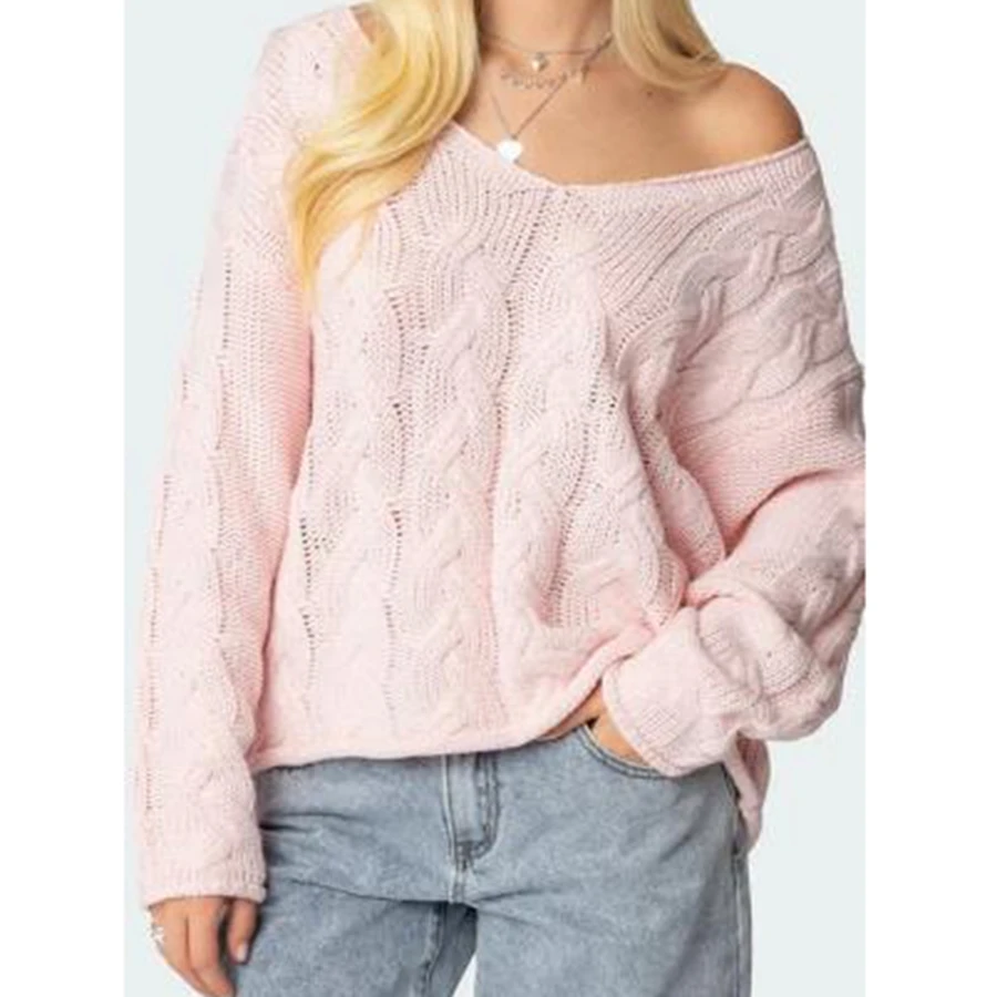 Suéter de punto de Cable para mujer, Jersey holgado de Color sólido con cuello en V profundo, jersey de manga larga, Tops de punto, ropa informal de invierno y otoño