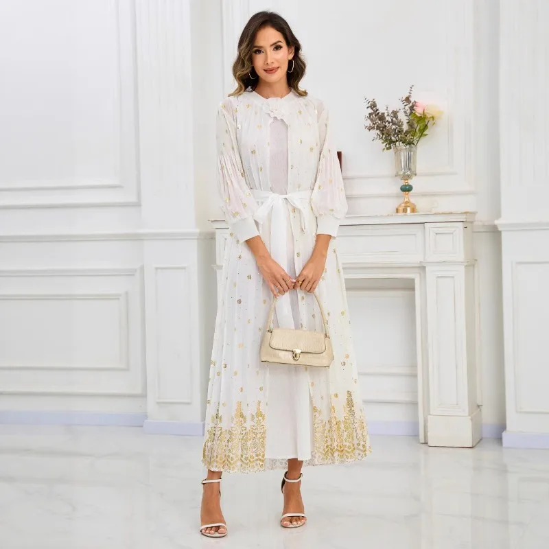 

Miyake Pleated Dress Full Sleeve Set Round Neck Temperament Hot Stamping Printed Cover Up Dress Summer Women's Party Clothing