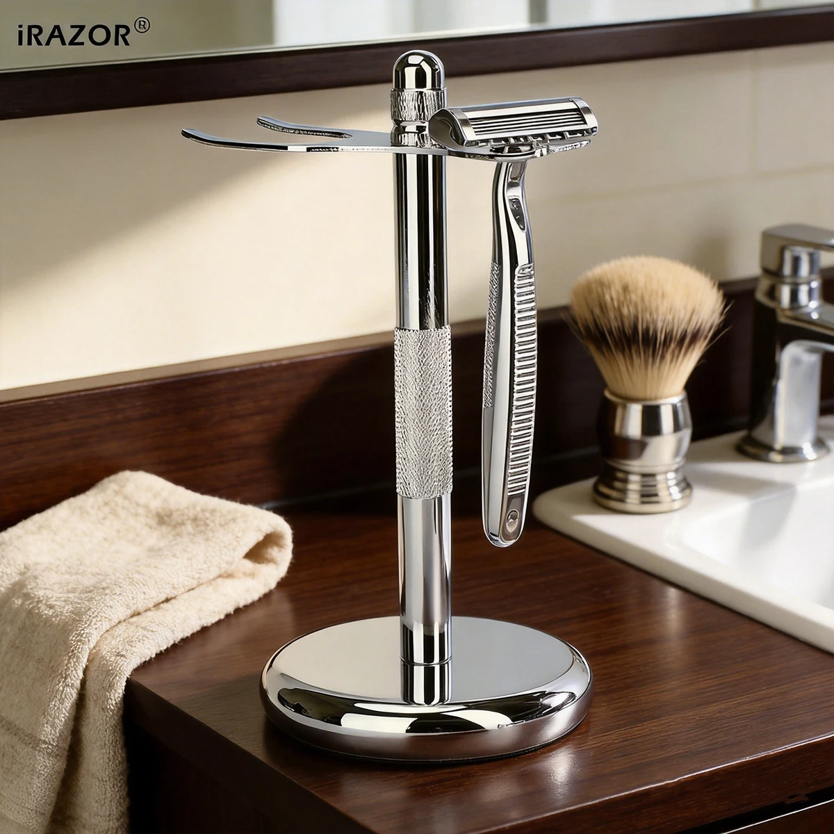 iRAZOR Men's Manual Shaving Razor and Brush Stand Holder Old-Fashioned Shaver Holder for Men's Grooming Tool