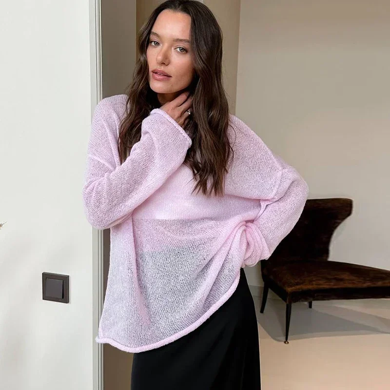 Elegant Knitted Hollow Out Pullovers Women Loose O-neck Long Sleeve See Through Jumper Summer Y2k Chic Lady Beach Sweater