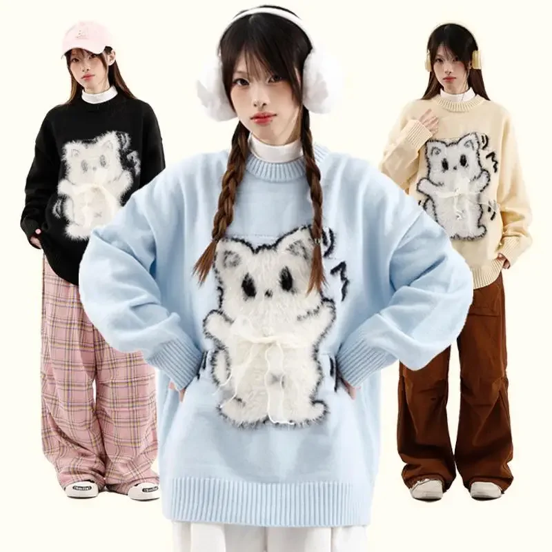 High Quality Cute Cat Cartoon Embroidery Sweaters Winter Loose Baggy Jumper Sky Y2K Tops Sweater Women Pullovers Korean Fashion