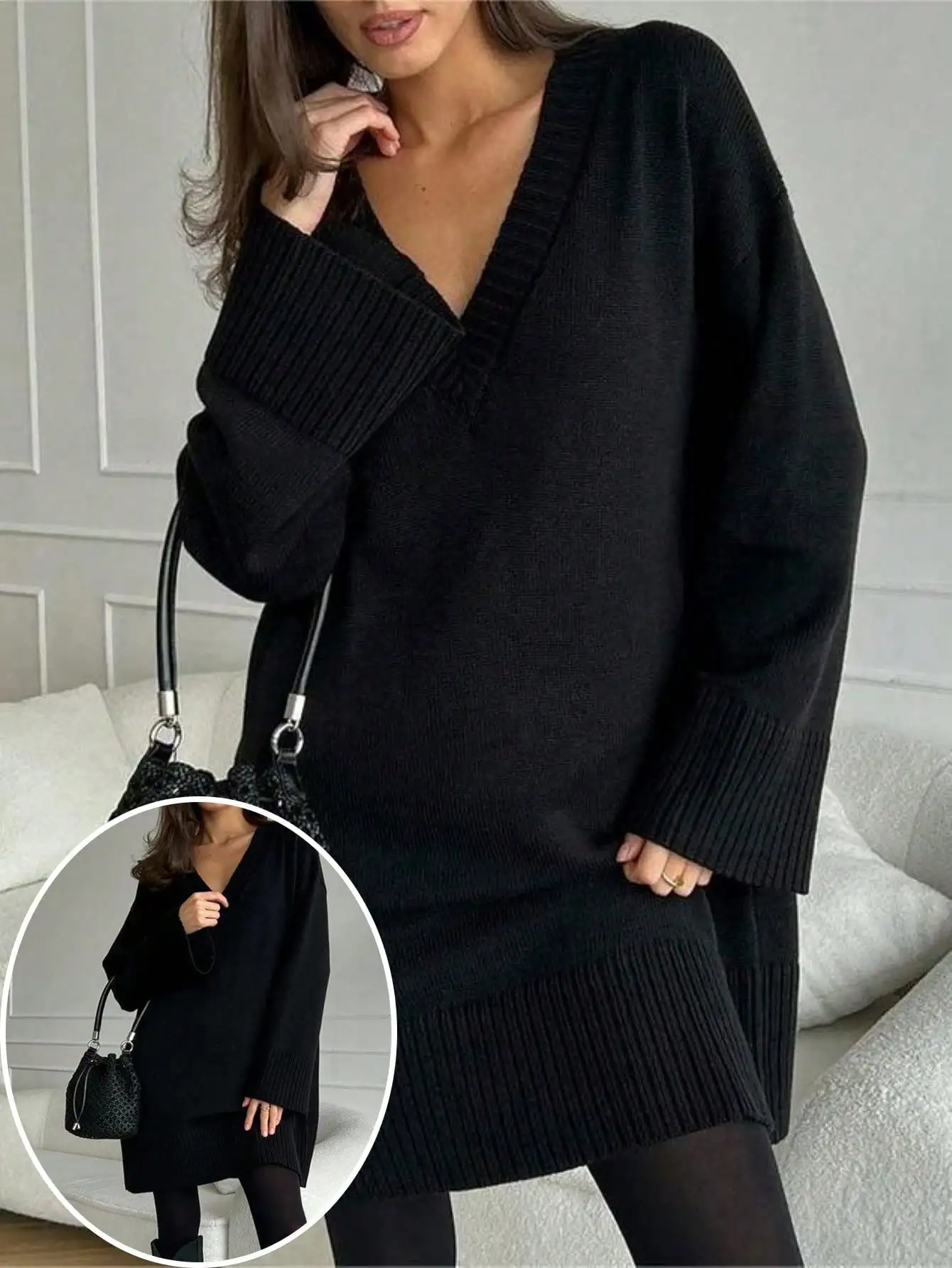

Spring Autumn Daily Casual Women's Plus Size V-Neck Long Sleeve Pullover Sweater Dress
