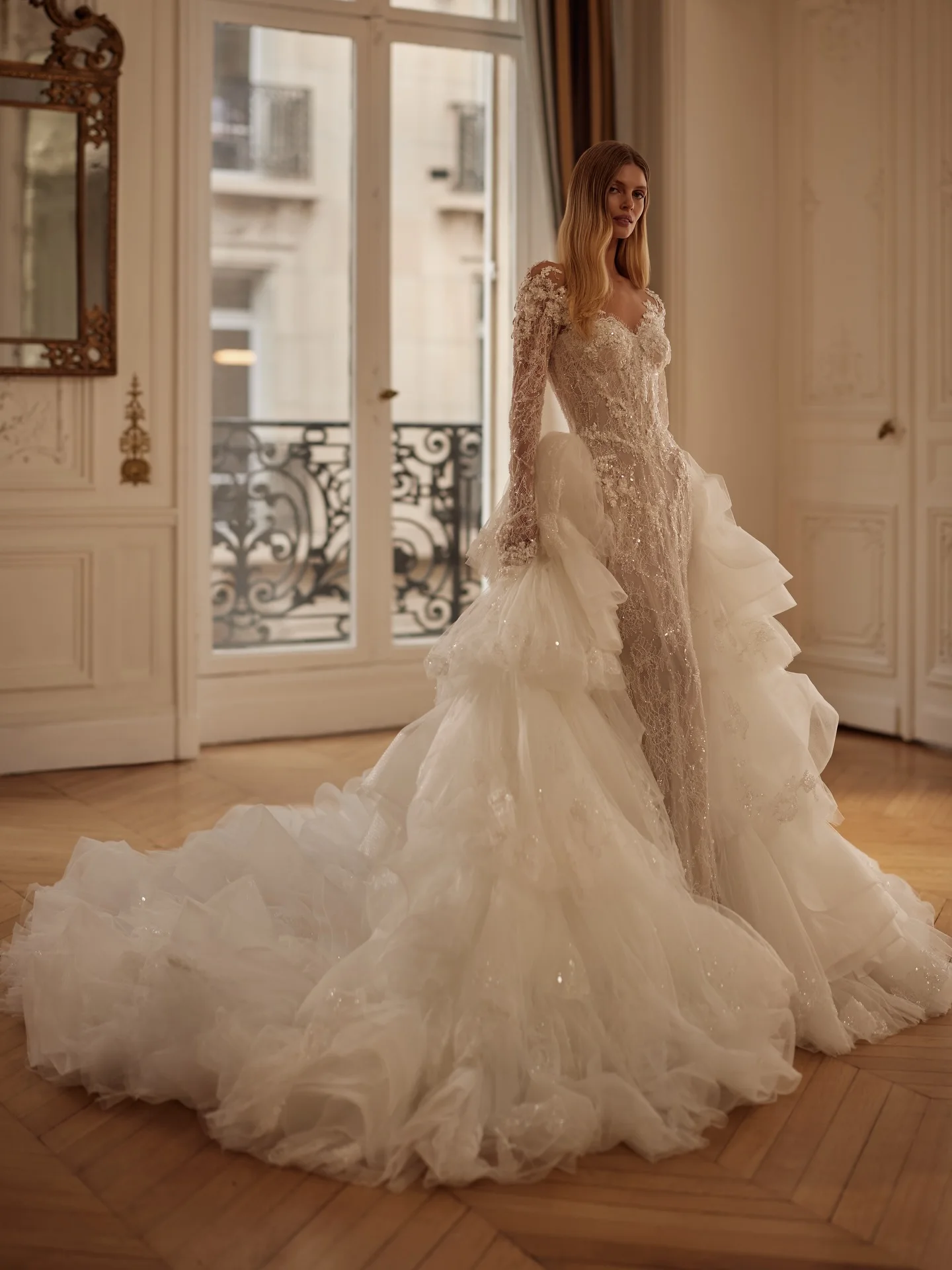 

Customized Elegant Delicate Off Shoulder Lace Mermaid Wedding Dress Detachable Ruffle Overskirt Bridal Gown Vestidos De Novia