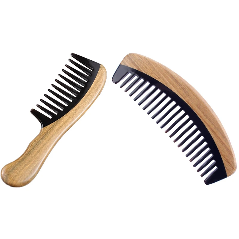 

2 Pcs Hair Comb - Wide Tooth Wooden Detangling Comb For Curly Hair Sandalwood Buffalo Horn Comb 15X5 & 18.5X5cm