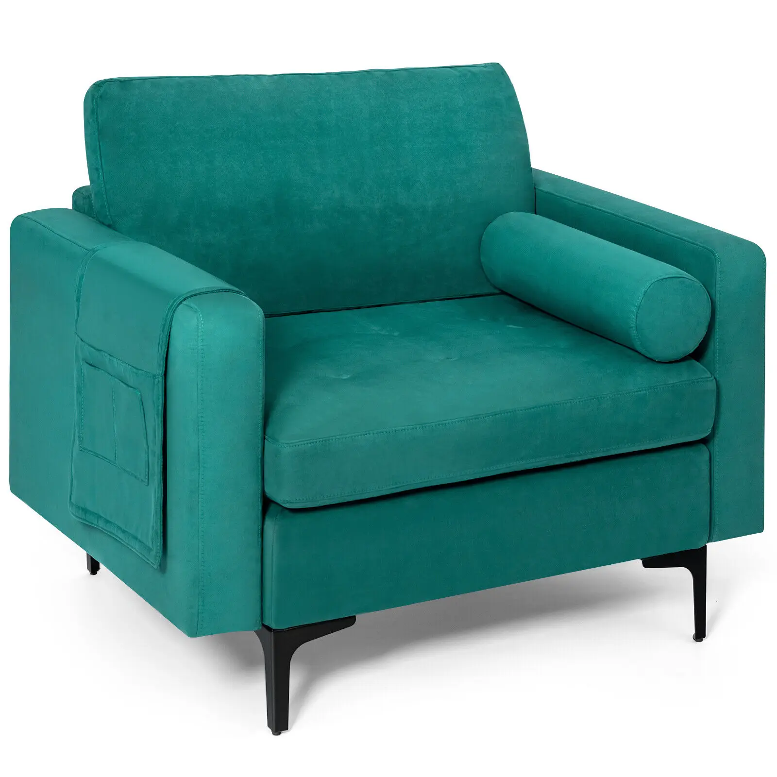 Costway Fabric Accent Armchair Single Sofa w/ Bolster & Side Storage Pocket Peacock Teal