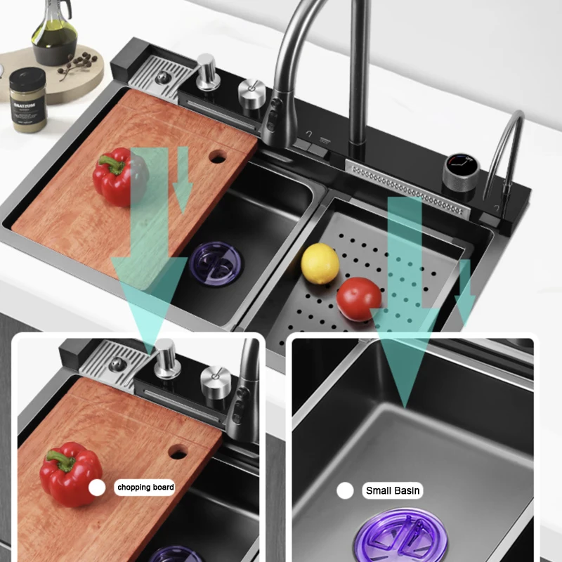 304 Edelstahl Digital anzeige Wasserfall Küchen spüle große Spüle mit Seifensp ender Becken Multifunktions-Touch-Top mount