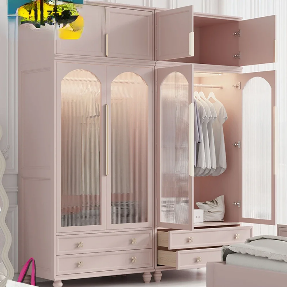 Wardrobe Bedroom Glass Door with Light Component Wardrobe Wardrobe Pink High Cabinet Locker