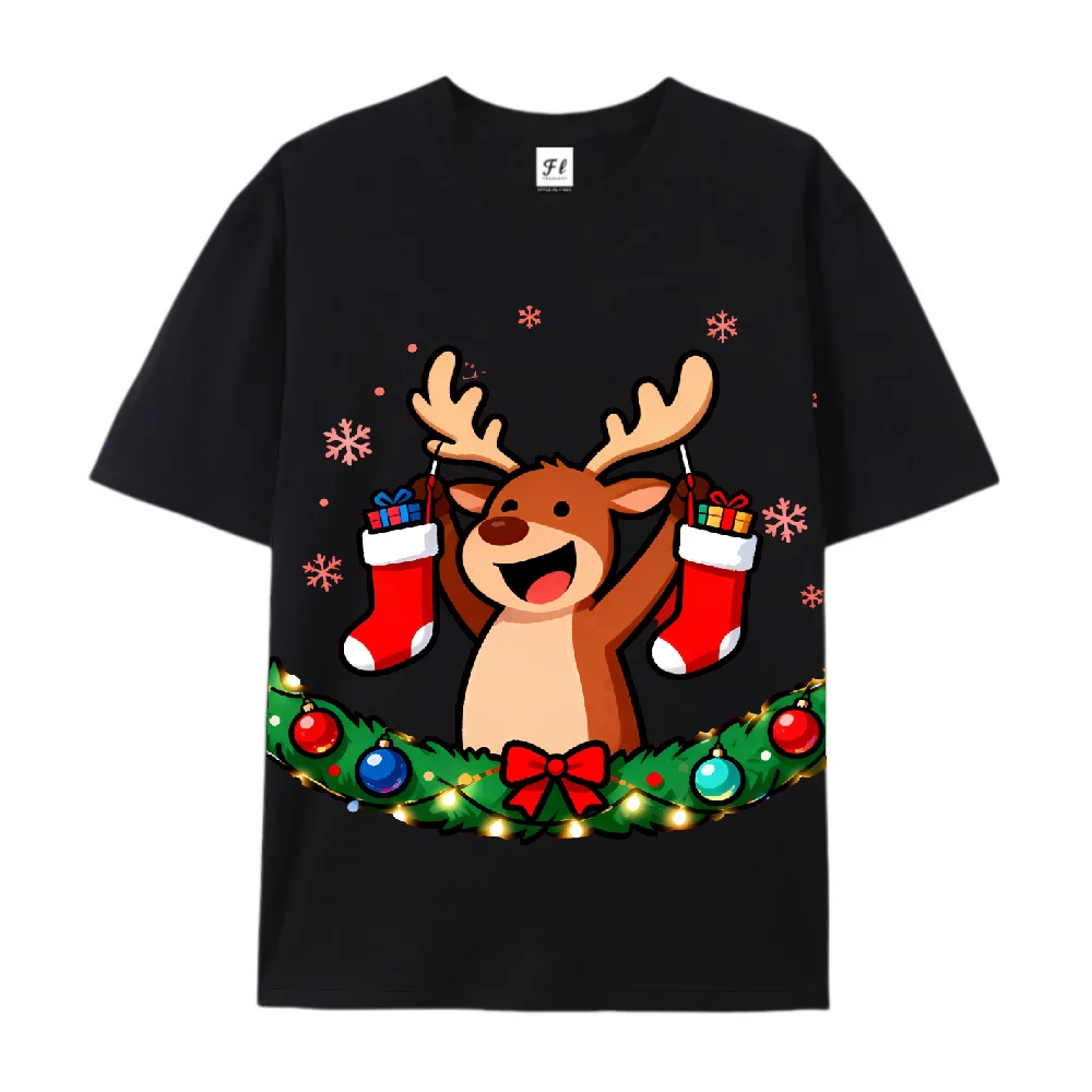 

Adorable Reindeer Themed Merry Christmas T-Shirt Unisex Stylish Short Sleeve Top For Christmas Season Holiday Look Fashion Item