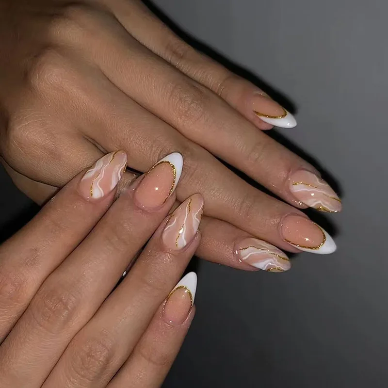 24Pcs Mid-length Almond Fake Nail French White Flower Design Press on Nails Shiny Powder Rhinestone Detachable False Nails Tips