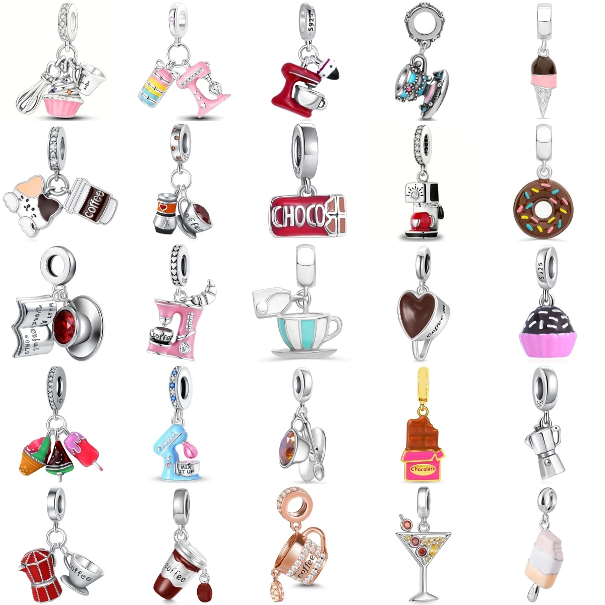 S925 Silver Food Coffee Baking Dangle Charms Coffee Machine Donut Ice Cream Cupcake Chocolate Women Gourmet DIY Jewelry Gift