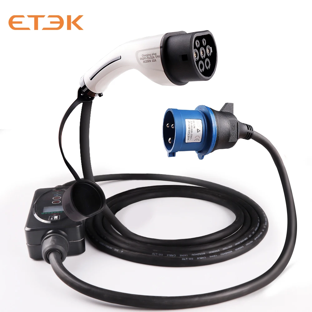 ETEC Protable Charger 1PH 16A/32A 3.7KW With Type 2 Plug & 4 Meters Charging Cable+CEE power Plug&1Meter power Cable