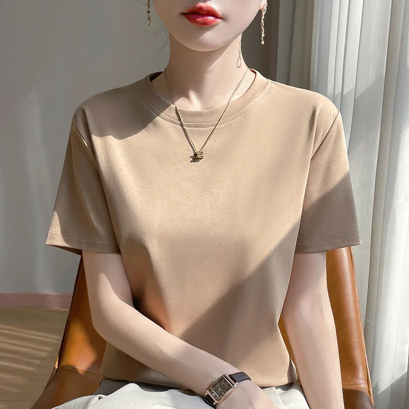 

2026 Summer New High-end Cotton Short-sleeved T-shirt Women's Round Neck Loose and Slim Green Cotton T-shirt Half Sleeve