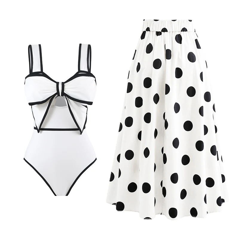 2024 Vintage 3D Flower Black and White Bow-tie One Piece Swimsuit and Skirt Swimwear Women Bikini set Beachwear Bathing Suit