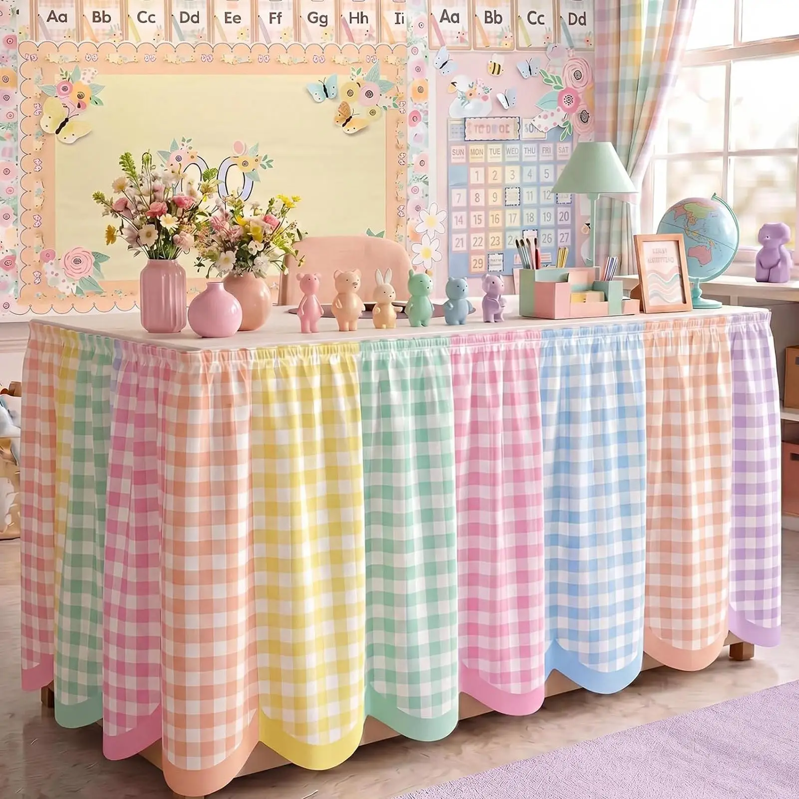 6FT Teacher Desk Skirt Ruffled Checkered Tablecloth Cover Classroom Decor Back to School Supplies for Office Party Setup