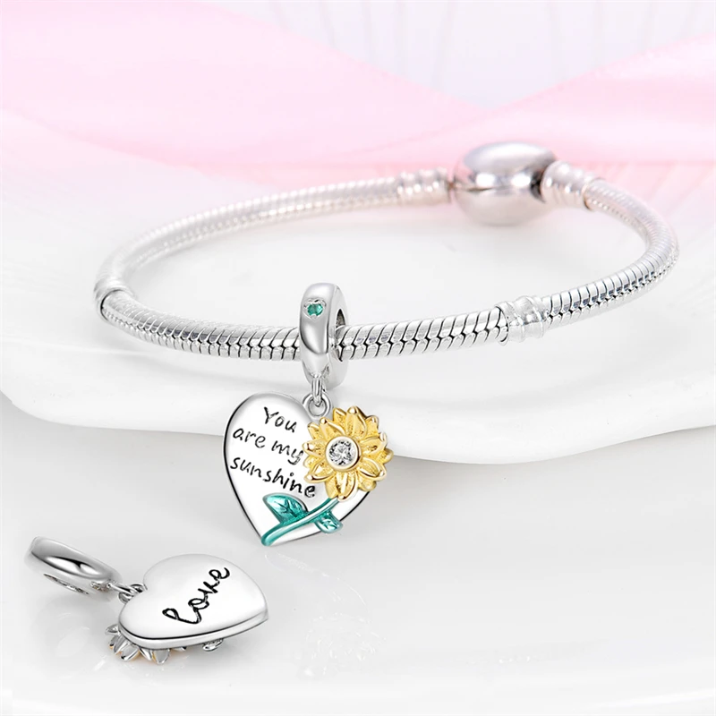 

Original 925 Sterling Silver Sunflower K-Gold Heart-Shaped Charms Pendant Fit Original Bracelet DIY Women Fine Date Jewelry Gift