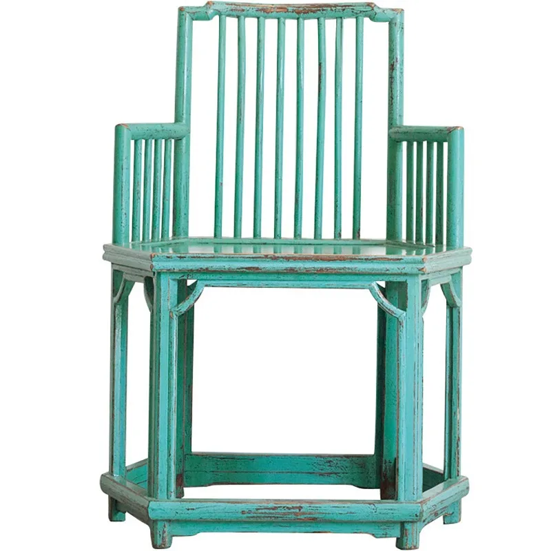 Antique Zen Hexagonal Comb Back Chair, New Chinese Solid Wood Armchair for Tea House & Leisure Corner
