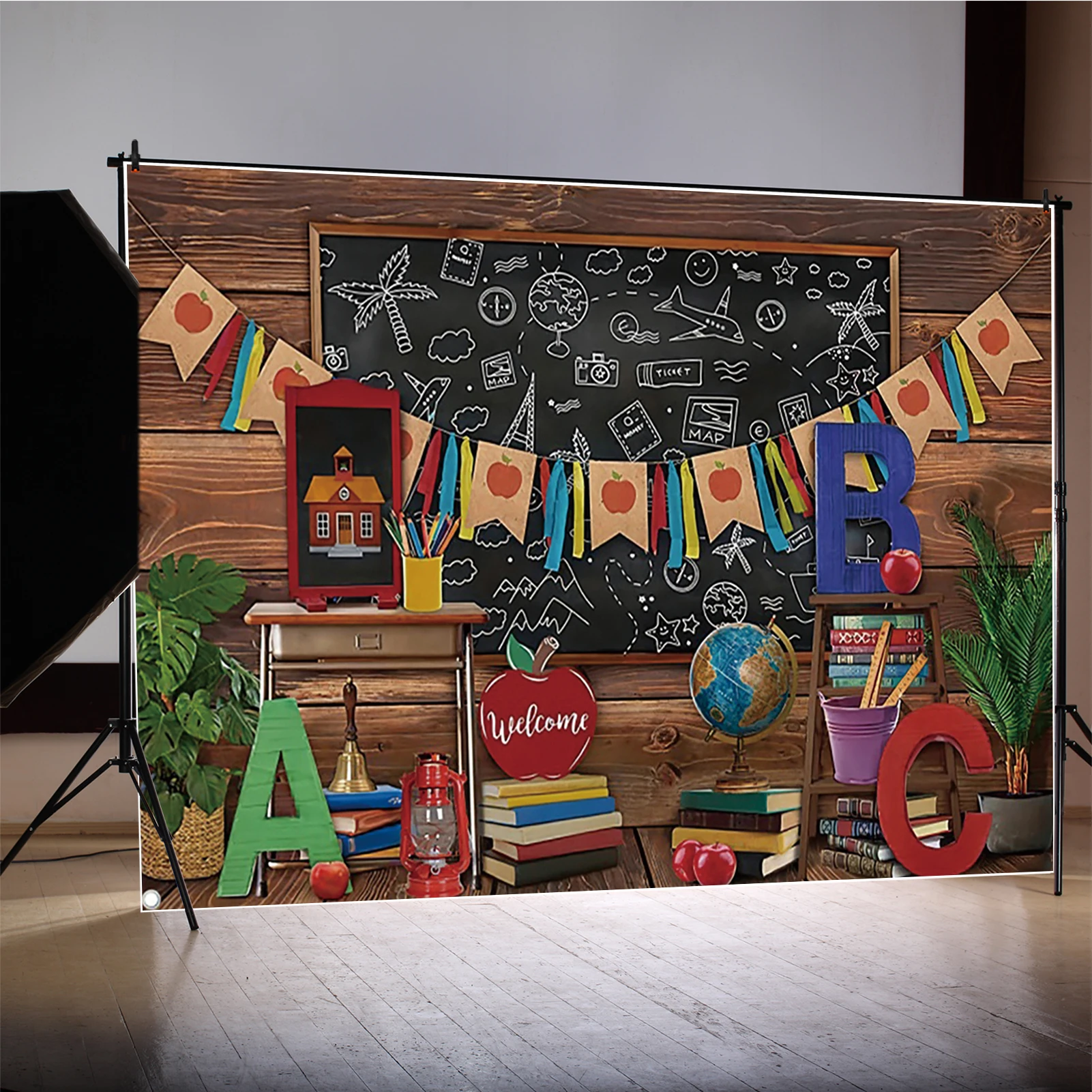 MOON.QG Kindergarten Back To School Decoration Backdrop Chalkboard Blackboard Newspaper Graffiti Book Preschool Photo Background