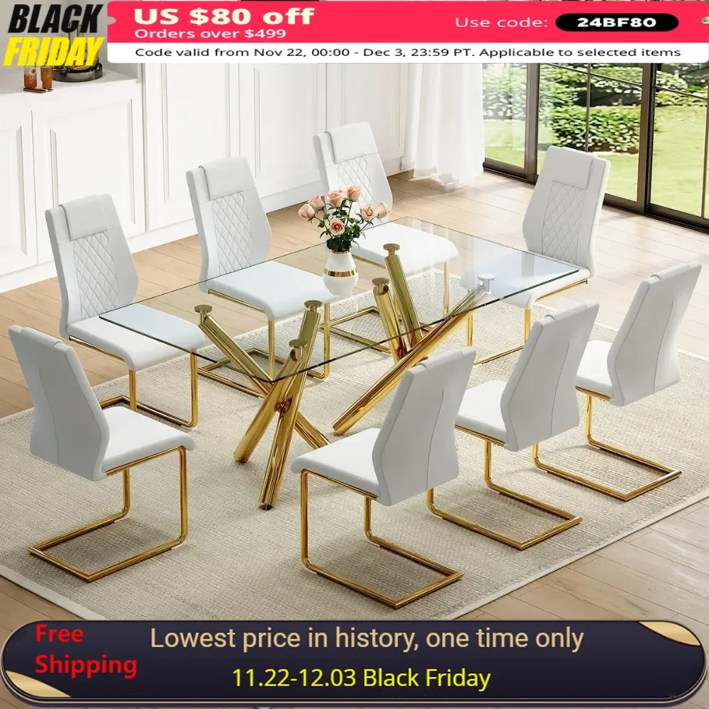 71” Glass Dining Table Set for 8, Tempered Glass Table and 8 PU Leather Chairs, Dining Room Table Set for 8