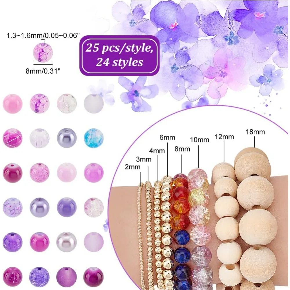 600pcs Purple Glass Beads 8mm 24 Styles Transparent Painted Beads Round Spacer Loose Beads Craft Bead for Friendship Bracelets,