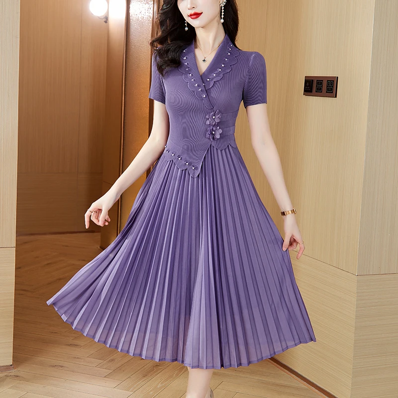 2024 New Folded Flower Nail Bead Dress Women's Suit Collar Short Sleeve Retro Elastic Knee length Long Dress Robe