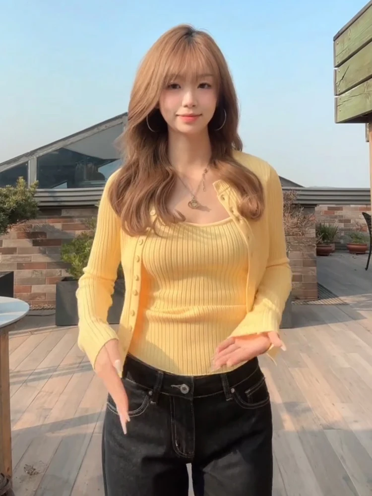 American Style Knitted Cardigan Women's Slim Fit Yellow Strap Vest Top Two-Piece Set Early Spring New Arrival Street Style Lo...