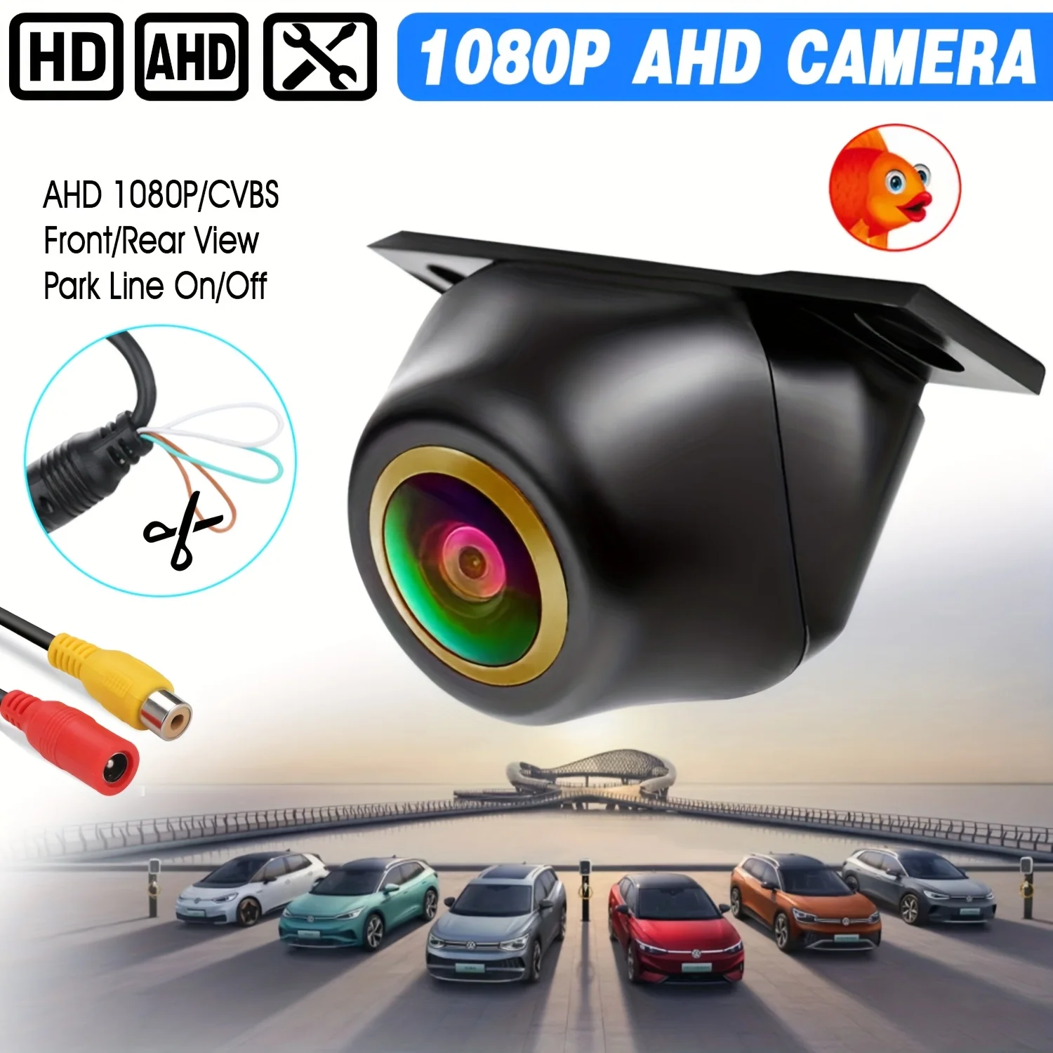 AHD 1080P Backup Camera with Fisheye Golden Lens, AHD/CVBS Switchable, Parking Guide Lines, for Cars, SUVs, RVs, Vans, Pickups