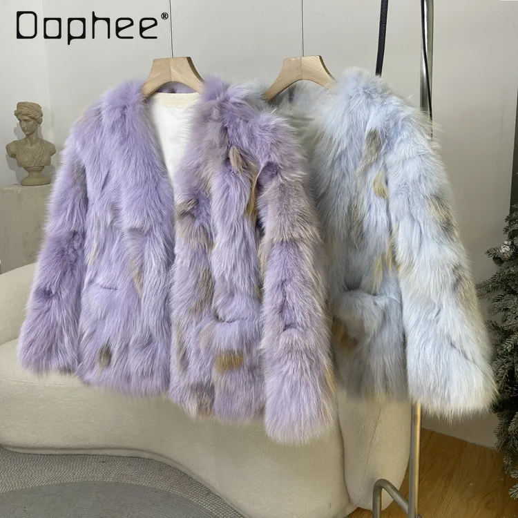 Zimowy Nowy Elegancki Płaszcz z Sztucznego Futra Lisa dla Socjeta Damska Moda Luźny Wąski Krótki Gruby Pluszowy Płaszcz Koreański Modny Płaszcz Patchworkowy