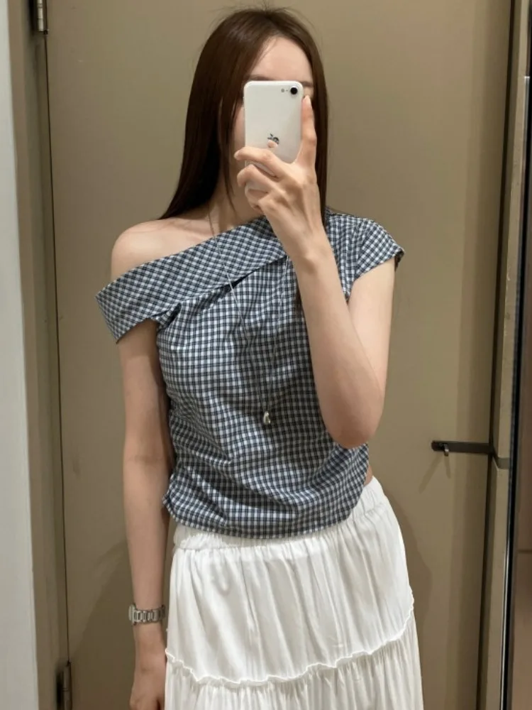 

Summer New Women's Plaid irt Irregular Oblique Collar oulder Bared Dstring Top Retro Sle ort Sve Polyester Fiber