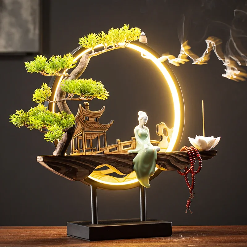 

Backflow Burner Peach Bloom Ceramic Sculpture LED Pine Motif Zen Table Decor Dual Aromatherapy System Living Room Ambiance
