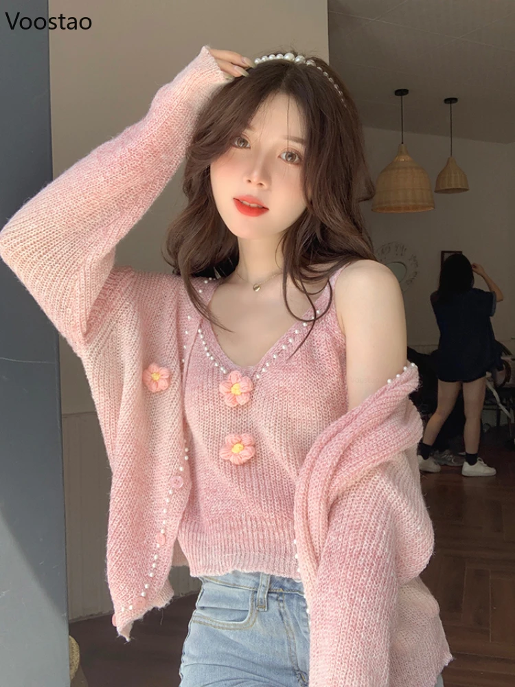 Autumn Sweet Pink Knitted Cardigan 2 Piece Set Women Casual Camisole + Flowers Pearl Sweater Coat Female Elegant Loose Clothing