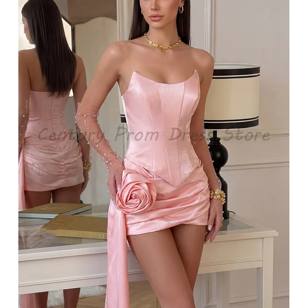 

Pink Strapless Corset Mini Homecoming Dress Satin 3D Rose Ruched Skirt With Pearl Mesh Sleeves Cocktail Party Gown