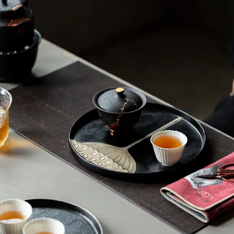 Pure Handmade Lacquer, Ceramic Hand-painted Tracing Silver Creative  Tray  Bearing Dry Brewing Table Tray Pot Bearing Household