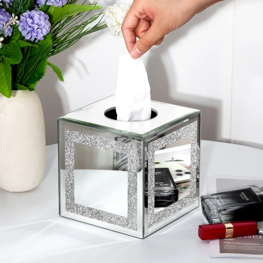 Luxury Square Glass Tissue Dispenser Mirror Tissue Box with Crushed Diamond Crystals