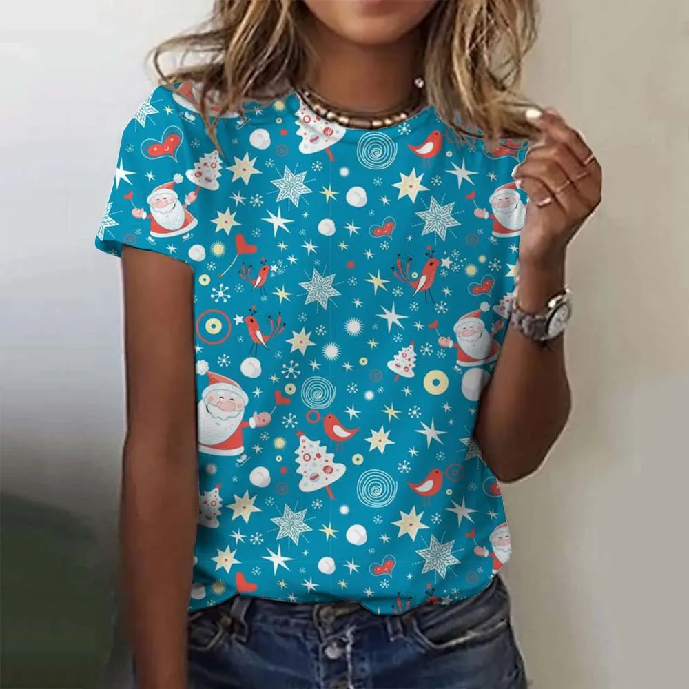 Christmas Women's T-Shirt Cute Elk Snowman 3D Printed Oversized T-Shirt New Fashion Santa Claus Women Clothing Female Tops Tees