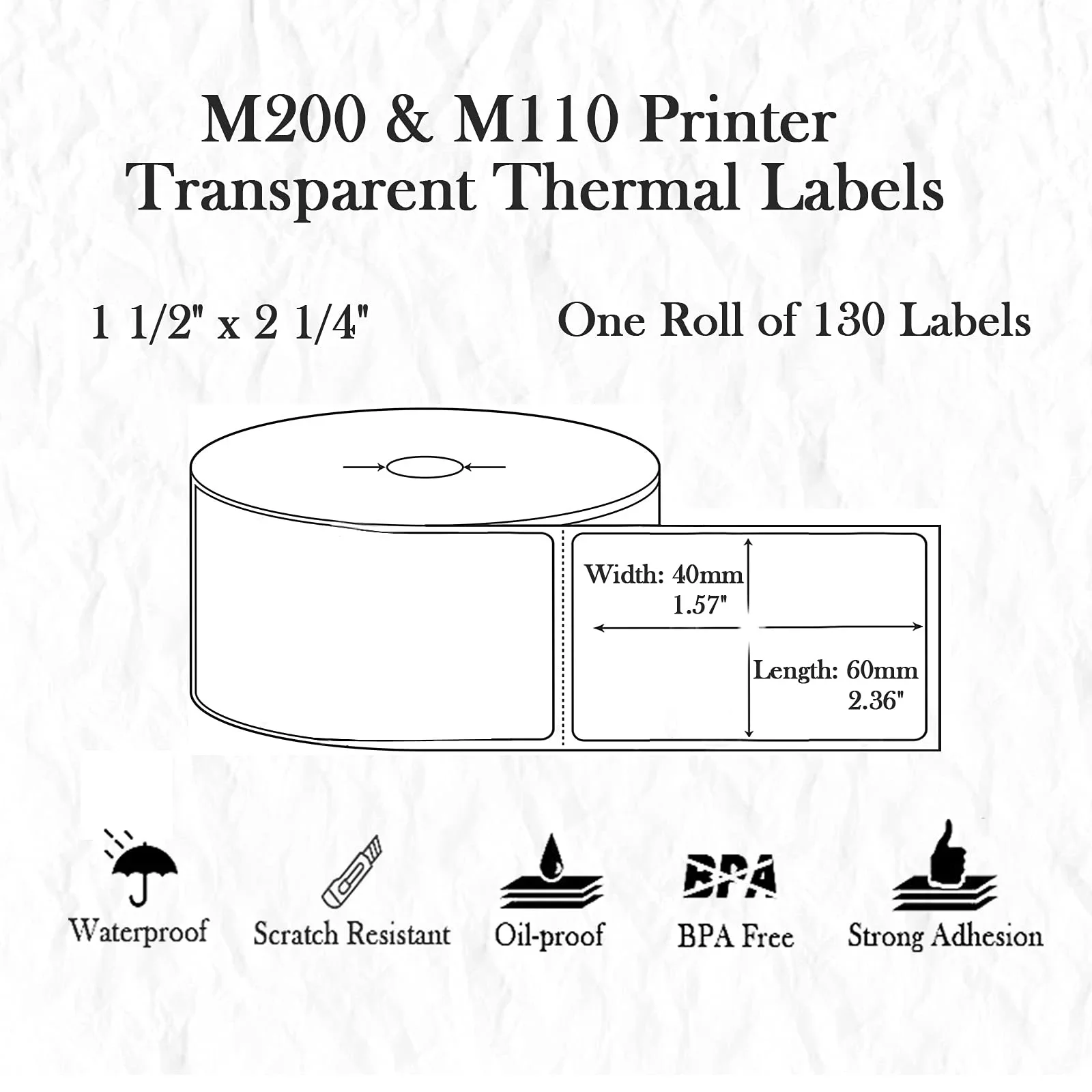 Label Tape M110 Transparent Labeling Tape 40x60mm Thermal Label Print Paper Labels for Barcode/Address/Logo/Business/Home Tag