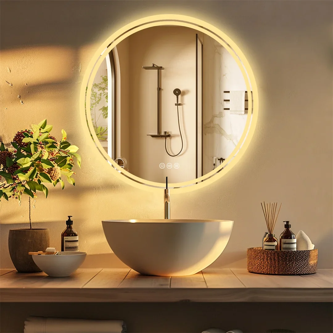 Backlit Built-in Touch On/Off Dimming Anti-fog Wall Mounted Mirror 80cm Round Large LED Bathroom Mirror