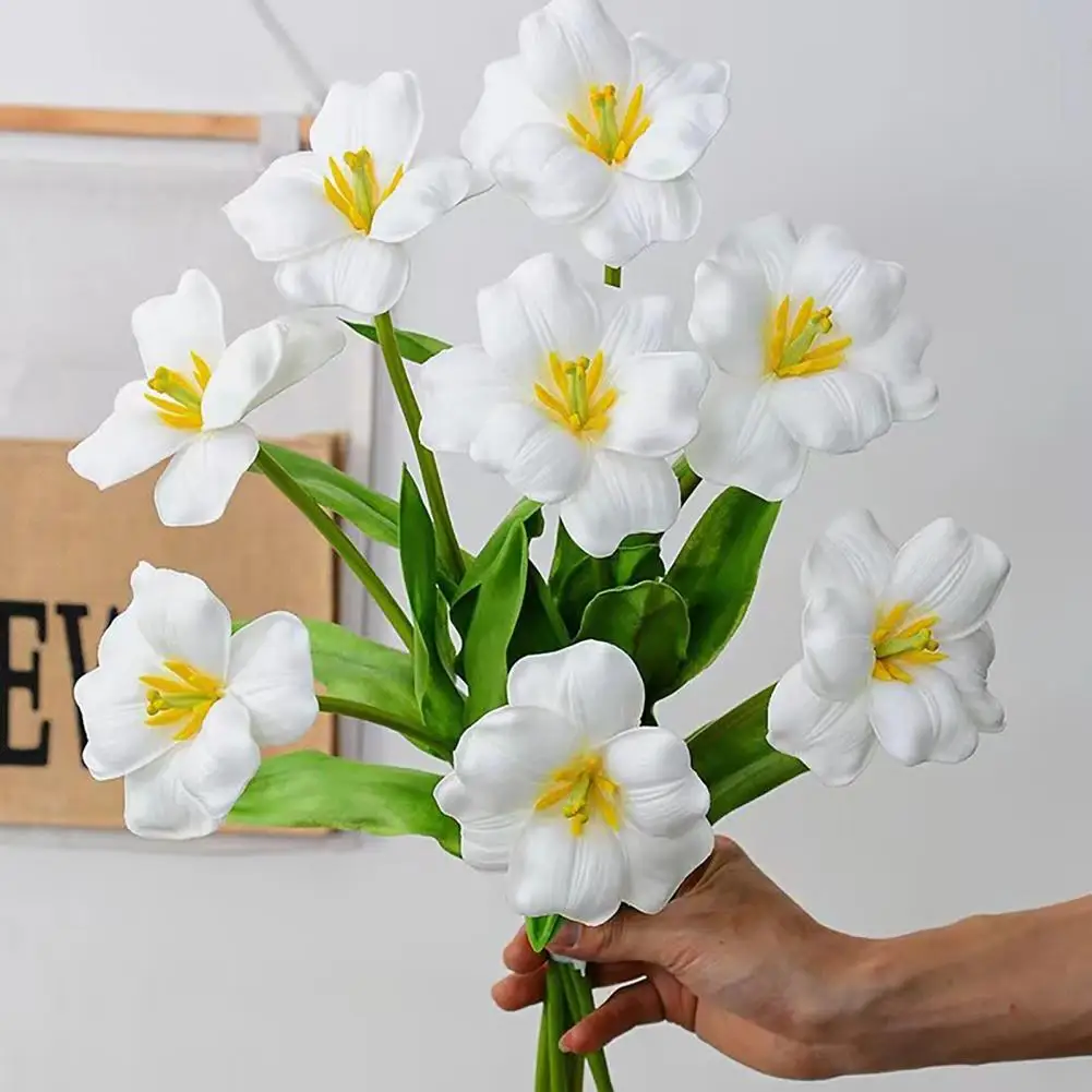 

6Pcs Artificial Opening Tulip with Green Leaves Realistic Fake Flower Branch Home Office Party Faux Bloom Home Decoration