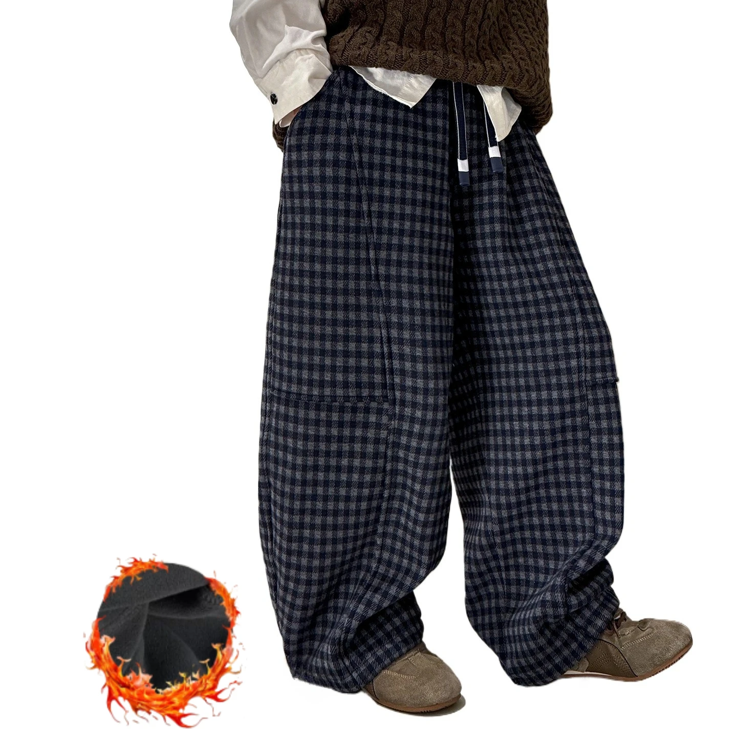 

School Boys Sweatpants Fleece Lined Joggers Plaid Pants Winter Thermal Kids Sports Pants Daily Casual Trousers for Teens 10 12 Y