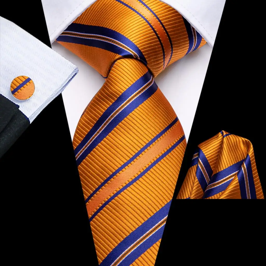 Striped Orange Tie For Men 2023 New Elegant Mens Necktie Pocket Square Cufflinks Groom Wedding Accessory Hi-Tie Design Wholesale
