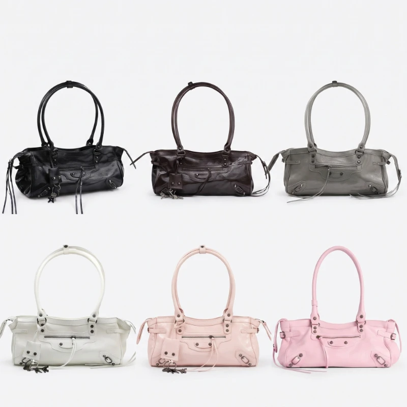 Women Motorcycle Biker City Bag Black Microfiber PU Leather Studded Shoulder Bag 2026 New East-West Handbag Tote Underarm Y2K