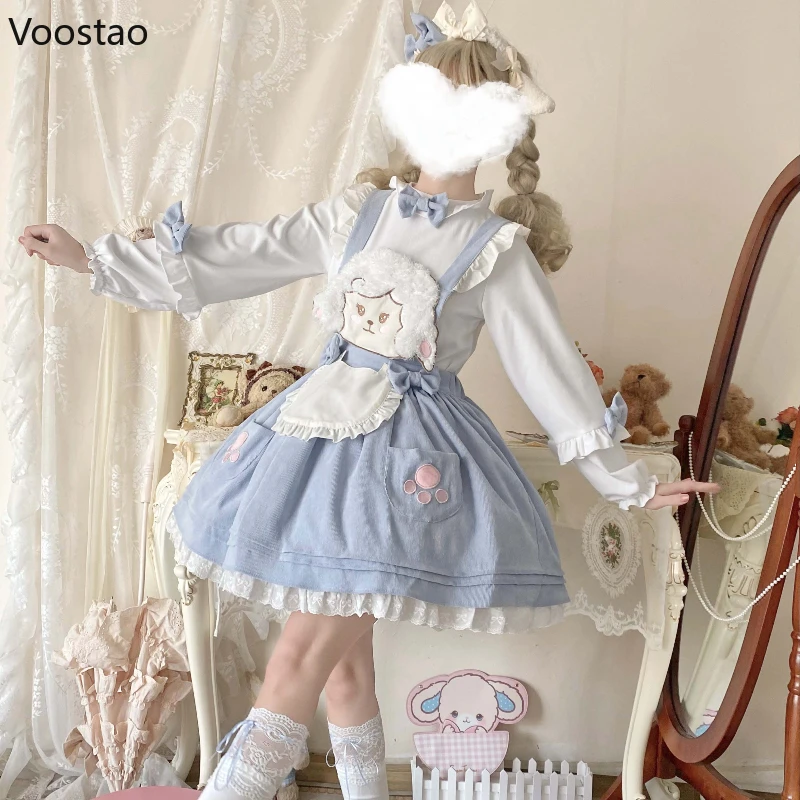 Japanese Sweet Lolita Jsk Dress Victorian Women Cartoon Bear Kawaii Sheep Strap Cake Dresses White Shirt Girls Cute Princess Set