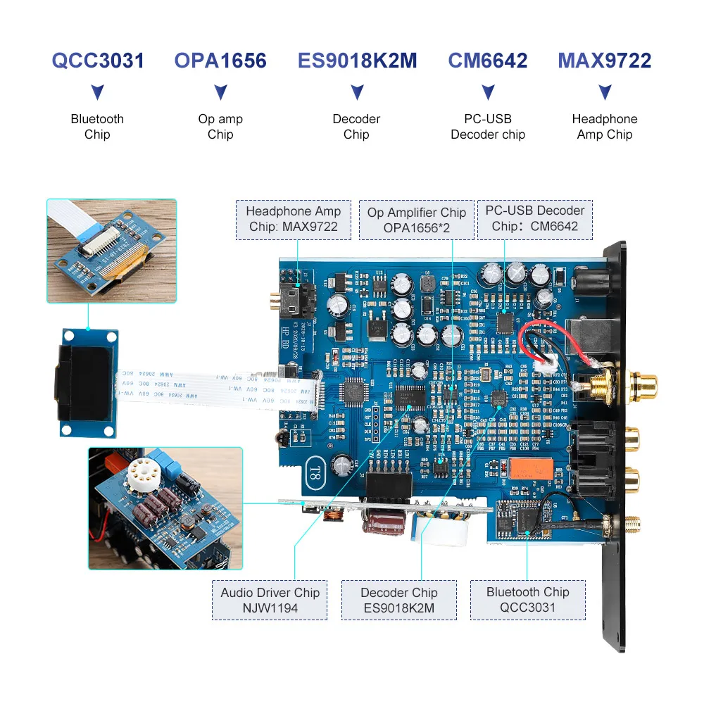 T8 BT 5.0 APTX OPA1656 Tubo 6N3 Preamplificatore Audio Stereo Preamplificatore Cuffie Preamplificatore DAC Altoparlanti Amplificatore Casa