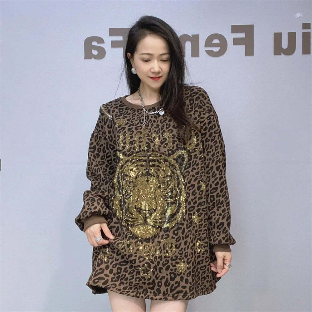 Personalized Leopard Long Sleeve Hoodies Women Autumn Winter Thicken Velvet O-neck Pullover Top Golden Tiger Diamonds Sweatshirt