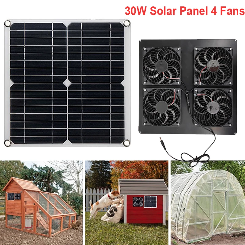 30W 18V Solar Exhaust Fan Portable Ventilator Solar Panel Powered 4 Fans Air Extractor for Dog Chicken House RV Greenhouse Fan