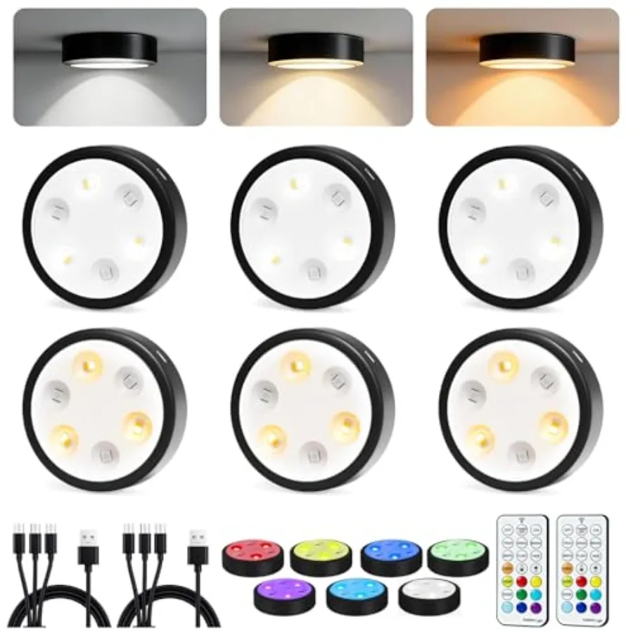 

6-Pack Puck Lights with Remote, 1800mAh Rechargeable Under Cabinet Lighting, 3 Color Temps and 7 RGB Colors, Long-Lasting Dimma