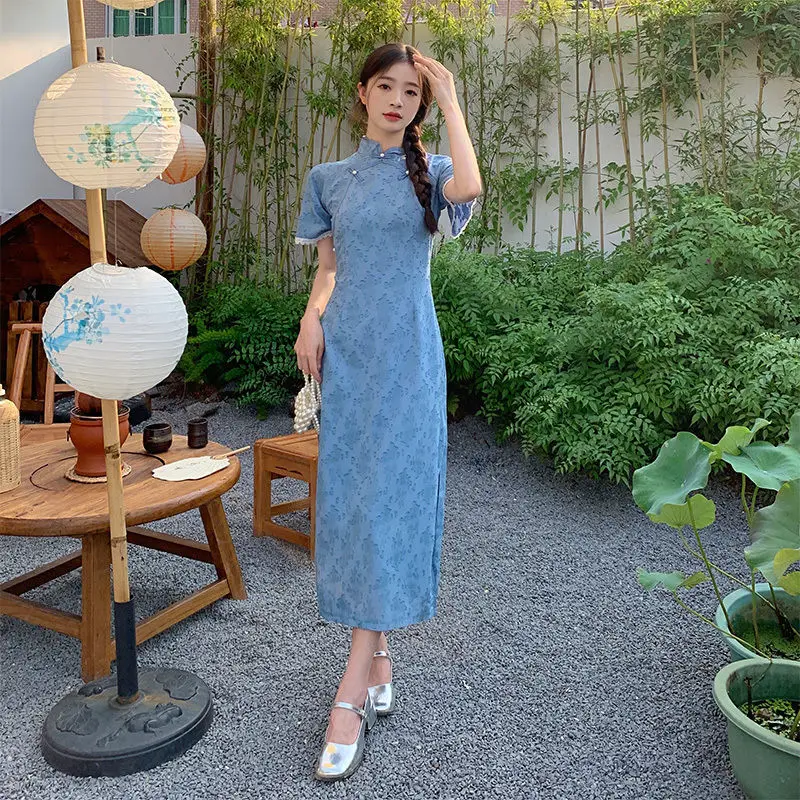 150cm Petite girls Ethnic Style Chinese Style Improved Cheongsam Dress Women Summer High Waist a-Line Mid Length xs Appear High