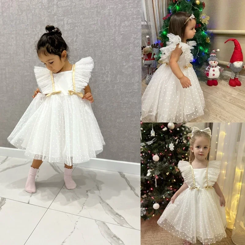 Cute Baby Girl Baptism Dress for 1st Birthday Tutu Gown White Weddings Party Flower Girl Dress for 1-5Y Baby Girl Princess Dress